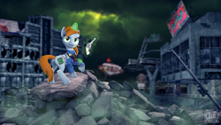 Size: 3840x2160 | Tagged: safe, artist:owlpirate, oc, oc only, oc:littlepip, pony, unicorn, fallout equestria, 3d, badass, clothes, cloud, cloudy, determined, fanfic, fanfic art, female, glowing horn, gun, handgun, high res, hooves, horn, jumpsuit, levitation, little macintosh, looking at something, looking at you, magic, magic aura, mare, optical sight, pipbuck, raised hoof, revolver, ruins, scope, smiling, solo, source filmmaker, telekinesis, vault suit, wasteland, weapon