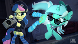 Size: 3840x2160 | Tagged: safe, artist:owlpirate, bon bon, lyra heartstrings, sweetie drops, earth pony, pony, unicorn, g4, 3d, bipedal, breakdancing, clothes, dancing, duo, duo female, ear piercing, earring, female, glasses, hat, high res, hoodie, hoof hold, jewelry, mare, piercing, radio, smiling, socks, source filmmaker, standing, standing on one leg, striped socks, sunglasses