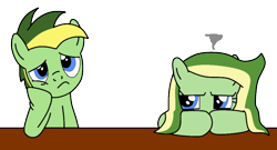 Size: 964x519 | Tagged: safe, artist:didgereethebrony, oc, oc only, oc:boomerang beauty, oc:didgeree, pegasus, pony, base used, blue eyes, bored, brother and sister, female, glare, grumpy, male, siblings, simple background, table, trace, transparent background