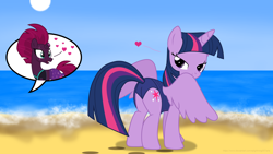 Size: 3840x2160 | Tagged: safe, artist:ejlightning007arts, tempest shadow, twilight sparkle, alicorn, pony, unicorn, g4, beach, bikini, broken horn, butt, clothes, female, heart, high res, horn, lesbian, looking back, open mouth, plot, ship:tempestlight, shipping, spread wings, stupid sexy twilight, sun, swimsuit, twibutt, twilight sparkle (alicorn), water, wave, wings