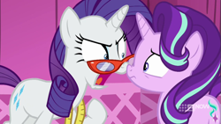 Size: 711x400 | Tagged: safe, screencap, rarity, starlight glimmer, a-dressing memories, g4, spoiler:a-dressing memories, spoiler:mlp friendship is forever, boop, carousel boutique, glasses, measuring tape, noseboop, rarity's glasses