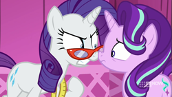 Size: 711x400 | Tagged: safe, screencap, rarity, starlight glimmer, a-dressing memories, g4, spoiler:a-dressing memories, spoiler:mlp friendship is forever, boop, carousel boutique, glasses, measuring tape, noseboop, rarity's glasses
