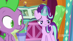Size: 711x400 | Tagged: safe, screencap, applejack, rarity, spike, starlight glimmer, tom, a-dressing memories, g4, the return of harmony, spoiler:a-dressing memories, spoiler:mlp friendship is forever, book, glowing horn, horn, magic, magic aura