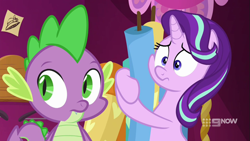 Size: 711x400 | Tagged: safe, screencap, spike, starlight glimmer, a-dressing memories, g4, spoiler:a-dressing memories, spoiler:mlp friendship is forever, cheek squish, squishy cheeks