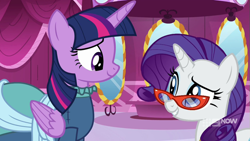 Size: 711x400 | Tagged: safe, screencap, rarity, twilight sparkle, alicorn, pony, a-dressing memories, g4, my little pony: friendship is forever, clothes, dress, glasses, mirror, rarity's glasses, twilight sparkle (alicorn)