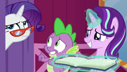 Size: 711x400 | Tagged: safe, screencap, rarity, spike, starlight glimmer, dragon, pony, unicorn, a-dressing memories, g4, my little pony: friendship is forever, book, claws, curtains, eyeroll, female, frown, glasses, glowing horn, hair flip, horn, levitation, magic, magic aura, mare, nervous, nervous smile, rarity is not amused, rarity's glasses, smiling, telekinesis, thumbs up, unamused, winged spike, wings