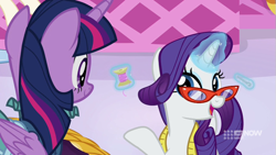 Size: 711x400 | Tagged: safe, screencap, rarity, twilight sparkle, alicorn, pony, a-dressing memories, g4, my little pony: friendship is forever, clothes, dress, glowing horn, horn, magic, magic aura, twilight sparkle (alicorn)