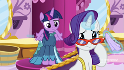 Size: 711x400 | Tagged: safe, screencap, rarity, twilight sparkle, alicorn, pony, unicorn, a-dressing memories, g4, my little pony: friendship is forever, clothes, crying, dress, female, glasses, glowing horn, handkerchief, horn, magic, mare, measuring tape, mirror, rarity's glasses, teary eyes, telekinesis, twilight sparkle (alicorn)