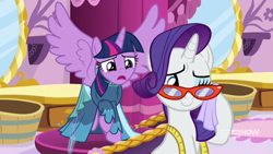 Size: 711x400 | Tagged: safe, screencap, rarity, twilight sparkle, alicorn, pony, a-dressing memories, g4, spoiler:a-dressing memories, spoiler:mlp friendship is forever, 9now, clothes, crying, dress, glasses, measuring tape, rarity's glasses, spread wings, tears of joy, teary eyes, twilight sparkle (alicorn), wings