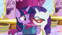 Size: 711x400 | Tagged: safe, screencap, rarity, twilight sparkle, alicorn, pony, a-dressing memories, g4, my little pony: friendship is forever, clothes, dress, glasses, measuring tape, rarity's glasses, twilight sparkle (alicorn)