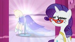 Size: 711x400 | Tagged: safe, screencap, rarity, pony, unicorn, a-dressing memories, g4, my little pony: friendship is forever, clothes, coronation dress, dress, female, glasses, mare, rarity's glasses, second coronation dress