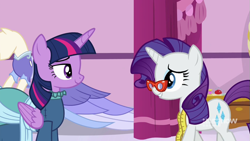 Size: 711x400 | Tagged: safe, screencap, rarity, twilight sparkle, alicorn, pony, unicorn, a-dressing memories, g4, my little pony: friendship is forever, clothes, coronation dress, dress, female, glasses, mare, measuring tape, pincushion, rarity's glasses, second coronation dress, smiling, twilight sparkle (alicorn)