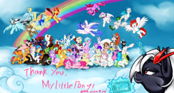 Size: 5165x2765 | Tagged: safe, artist:thurder2020, applejack, fluttershy, pinkie pie, rainbow dash, rarity, spike, twilight sparkle, oc, oc:cheery bell, oc:deadleaf, oc:ocean voice, alicorn, bat pony, changeling, earth pony, kirin, pegasus, pony, unicorn, g4, end of g4, end of ponies, mane seven, mane six, twilight sparkle (alicorn)