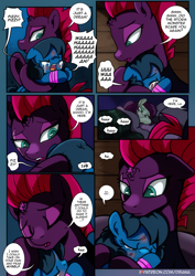 Size: 2480x3508 | Tagged: safe, artist:dsana, fizzlepop berrytwist, tempest shadow, oc, oc:lullaby dusk, oc:thistledown, earth pony, pegasus, pony, unicorn, comic:a storm's lullaby, broken horn, bruised, comic, crying, dialogue, female, filly, foal, horn, it finally happened, mare, scar