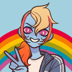 Size: 600x600 | Tagged: safe, artist:alohasushicore, part of a set, rainbow dash, equestria girls, g4, female, peace sign, picrew, rainbow, solo, tracksuit