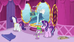 Size: 1920x1080 | Tagged: safe, screencap, rarity, spike, starlight glimmer, dragon, pony, unicorn, a-dressing memories, g4, spoiler:a-dressing memories, spoiler:mlp friendship is forever, animated, book, carousel boutique, clothes, glasses, glasses rarity, levitation, magic, magic aura, mannequin, measuring tape, mirror, rarity's glasses, sound, telekinesis, webm, winged spike, wings