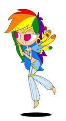 Size: 595x1096 | Tagged: safe, artist:annasabi101, rainbow dash, genie, human, g4, barefoot, belly button, belly dancer, belly dancer outfit, bracelet, colored wings, ear piercing, earring, eyelashes, feet, floating, geniefied, harem outfit, hooped earrings, humanized, jewelry, midriff, multicolored hair, multicolored wings, piercing, rainbow hair, rainbow wings, raised eyebrow, tiara, wings