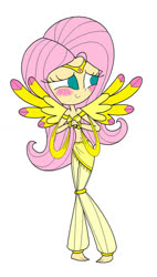 Size: 577x1016 | Tagged: safe, artist:annasabi101, fluttershy, genie, human, g4, armlet, barefoot, belly button, belly dancer, belly dancer outfit, blushing, bracelet, eyelashes, feet, fluttershy being fluttershy, geniefied, harem outfit, humanized, jewelry, midriff, tiara, wings, wings stretched