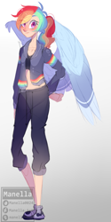 Size: 1297x2600 | Tagged: safe, artist:manella-art, rainbow dash, human, g4, clothes, female, humanized, jacket, pants, solo, winged humanization, wings
