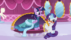 Size: 1920x1080 | Tagged: safe, screencap, rarity, spike, starlight glimmer, twilight sparkle, alicorn, dragon, pony, unicorn, a-dressing memories, g4, my little pony: friendship is forever, accident, animated, blushing, book, carousel boutique, clothes, coronation dress, dress, glasses, glasses rarity, heart, injured, knowing, levitation, magic, magic aura, measuring tape, ouch, pins, raised eyebrow, rarity's glasses, shipping fuel, shout, smiling, smirk, sound, telekinesis, twilight sparkle (alicorn), webm