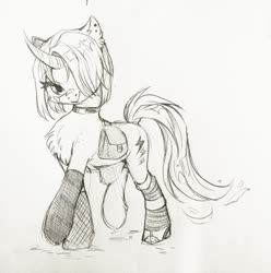 Size: 1271x1280 | Tagged: safe, artist:swaybat, oc, oc only, pony, unicorn, bag, choker, clothes, female, fishnet stockings, looking at you, monochrome, saddle bag, sketch, socks, solo, traditional art