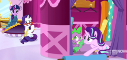 Size: 1364x648 | Tagged: safe, screencap, rarity, spike, starlight glimmer, twilight sparkle, alicorn, dragon, pony, unicorn, a-dressing memories, g4, my little pony: friendship is forever, 9now, clothes, dress, duckery in the description, female, frown, male, mare, measuring tape, mirror, twilight sparkle (alicorn), winged spike, wings