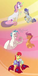 Size: 1920x3773 | Tagged: safe, artist:varwing, apple bloom, scootaloo, sweetie belle, terramar, oc, oc:glory, classical hippogriff, hippogriff, pony, g4, aunt and niece, blank flank, cutie mark crusaders, female, filly, food, hoof hold, ice cream, jewelry, magic, male, necklace, offspring, older, older apple bloom, older cmc, older scootaloo, older sweetie belle, parent:bellhop pony, parent:rarity, ship:terraloo, shipping, straight