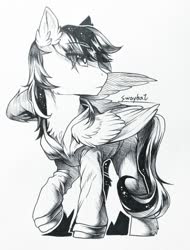 Size: 971x1280 | Tagged: safe, artist:swaybat, oc, oc only, pegasus, pony, clothes, male, monochrome, sketch, solo, spread wings, stallion, wings