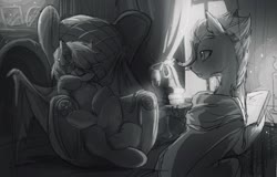 Size: 1280x819 | Tagged: safe, artist:swaybat, oc, oc only, bat pony, earth pony, pony, bat pony oc, bat wings, black and white, book, candle, chair, curtains, female, glass, grayscale, male, mare, monochrome, open mouth, sleeping, stallion, wine glass, wings