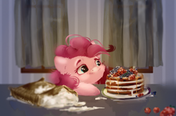 Size: 6800x4500 | Tagged: safe, artist:colorbrush, pinkie pie, earth pony, pony, g4, absurd file size, absurd resolution, berry, bust, cheek fluff, cute, diapinkes, ear fluff, female, flour, food, heart eyes, indoors, leg fluff, looking at something, mare, pancakes, portrait, solo, table, wingding eyes