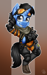 Size: 802x1280 | Tagged: safe, artist:sabrib, oc, oc only, oc:tinker doo, semi-anthro, apex legends, arm hooves, clothes, cosplay, costume, goggles, male, smiling, solo