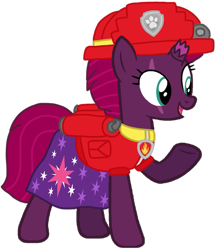 Size: 897x1040 | Tagged: safe, artist:徐詩珮, fizzlepop berrytwist, tempest shadow, pony, unicorn, series:sprglitemplight diary, series:sprglitemplight life jacket days, series:springshadowdrops diary, series:springshadowdrops life jacket days, g4, alternate universe, base used, clothes, cute, marshall (paw patrol), paw patrol, simple background, transparent background