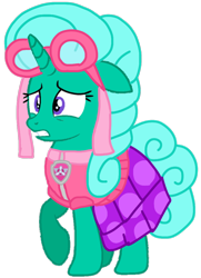 Size: 730x1007 | Tagged: safe, artist:徐詩珮, glitter drops, pony, unicorn, series:sprglitemplight diary, series:sprglitemplight life jacket days, series:springshadowdrops diary, series:springshadowdrops life jacket days, g4, alternate universe, base used, clothes, cute, dress, eyelashes, female, goggles, mare, paw patrol, raised hoof, simple background, skye (paw patrol), solo, transparent background, worried