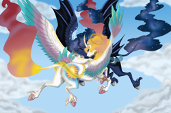 Size: 2732x1800 | Tagged: safe, artist:empressspacegoat, princess celestia, princess luna, alicorn, classical unicorn, pony, alternate design, armlet, bat wings, bracelet, cloud, cloven hooves, colored wings, curved horn, cutie mark, duo, duo female, ethereal mane, eyes closed, female, flying, halo, horn, jewelry, leonine tail, mare, multicolored wings, nuzzling, peytral, royal sisters, sibling love, siblings, sisterly love, sisters, sky, spread wings, starry mane, tail feathers, unshorn fetlocks, wings