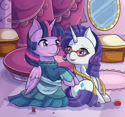 Size: 1024x960 | Tagged: safe, artist:kingkero, rarity, twilight sparkle, alicorn, pony, unicorn, a-dressing memories, g4, spoiler:a-dressing memories, spoiler:mlp friendship is forever, blushing, clothes, dress, female, glasses, lesbian, looking at each other, measuring tape, mirror, pincushion, rarity's glasses, ship:rarilight, shipping, sitting, spool, twilight sparkle (alicorn)