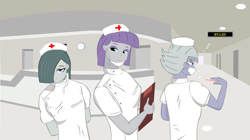 Size: 1104x619 | Tagged: safe, alternate version, artist:lzh, limestone pie, marble pie, maud pie, equestria girls, g4, clock, corridor, hospital, light, looking at you, mask, nurse, reception, television, thermometer