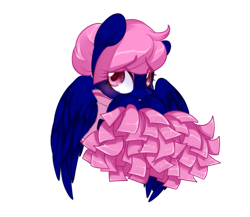 Size: 1037x900 | Tagged: safe, artist:loyaldis, oc, oc only, oc:threadwing, pegasus, pony, blushing, cheerleader, clothes, crossdressing, cute, eyeshadow, heart eyes, lipstick, makeup, male, pegasus oc, pom pom, shy, stallion, wingding eyes, wings, ych result