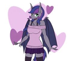 Size: 1687x1367 | Tagged: safe, artist:phoenixswift, oc, oc only, oc:midnight melody, bat pony, anthro, clothes, female, heart, simple background, skirt, socks, solo, sweater, thigh highs, transparent background