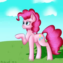 Size: 3000x3000 | Tagged: safe, artist:brilliant-luna, pinkie pie, pony, g4, chest fluff, ear fluff, female, high res, raised hoof, smiling, solo