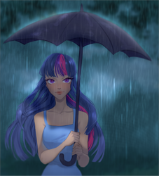 Size: 2326x2559 | Tagged: safe, artist:rubinine9, twilight sparkle, human, fanfic:demons and desires, g4, clothes, dress, female, high res, humanized, rain, solo, umbrella