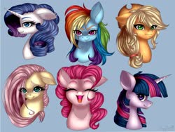 Size: 2048x1536 | Tagged: safe, artist:pearl123_art, applejack, fluttershy, pinkie pie, rainbow dash, rarity, twilight sparkle, pony, g4, blue background, bust, cute, eye clipping through hair, eyes closed, female, looking at you, mane six, mare, open mouth, portrait, profile, simple background