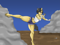 Size: 1893x1422 | Tagged: safe, artist:empressspacegoat, oc, oc only, oc:camshaft, unicorn, anthro, unguligrade anthro, clothes, cloven hooves, curved horn, female, horn, kicking, rock, shorts, solo