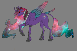 Size: 2082x1386 | Tagged: safe, artist:empressspacegoat, princess celestia, princess luna, oc, oc only, oc:nebula, alicorn, pony, colored wings, curved horn, ethereal mane, eyes closed, female, fusion, gray background, horn, jewelry, leonine tail, mare, multicolored wings, raised hoof, simple background, smiling, solo, tiara, unshorn fetlocks, wings