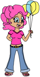 Size: 488x934 | Tagged: safe, artist:logan jones, pinkie pie, human, g4, balloon, belly button, breasts, clothes, feet, female, flip-flops, humanized, jeans, midriff, nail polish, pants, simple background, transparent background