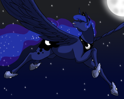 Size: 908x723 | Tagged: safe, artist:empressspacegoat, princess luna, alicorn, pony, g4, ethereal mane, eyes closed, female, flying, mare, moon, night, open mouth, sky, solo, starry mane, stars, wings