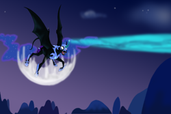 Size: 3000x2000 | Tagged: safe, artist:empressspacegoat, nightmare moon, alicorn, pony, g4, princess twilight sparkle (episode), armor, bat wings, curved horn, ethereal mane, fangs, female, flying, helmet, high res, horn, leonine tail, magic, moon, night, open mouth, screenshot redraw, sky, solo, starry mane, stars, wings