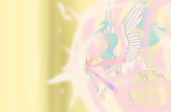 Size: 2032x1336 | Tagged: safe, artist:empressspacegoat, princess celestia, alicorn, pony, g4, princess twilight sparkle (episode), crying, curved horn, element of generosity, element of honesty, element of kindness, element of laughter, element of loyalty, element of magic, elements of harmony, ethereal mane, female, flying, horn, jewelry, leonine tail, magic, screenshot redraw, solo, tiara, wings