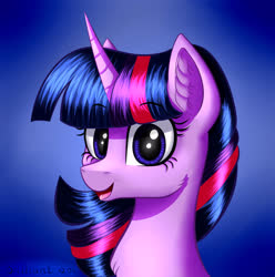 Size: 2970x3000 | Tagged: safe, artist:brilliant-luna, twilight sparkle, pony, g4, blue background, bust, cheek fluff, chest fluff, cute, female, high res, looking at you, open mouth, portrait, simple background, smiling, solo, twiabetes, wrong eye color