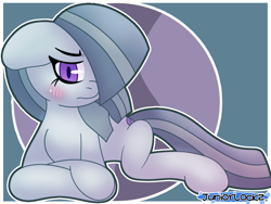 Size: 994x746 | Tagged: safe, artist:juniortheherowriter, marble pie, earth pony, pony, g4, cutie mark background, female, hair over one eye, lying, mare, solo, white outline