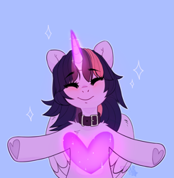 Size: 2019x2058 | Tagged: safe, artist:sugarstar, twilight sparkle, alicorn, pony, descended twilight, blue background, chest fluff, collar, cute, eyes closed, female, glowing horn, heart, heart hoof, high res, horn, magic, mare, shoulder fluff, simple background, solo, twiabetes, twilight sparkle (alicorn), underhoof